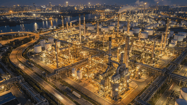 Illuminated industrial complex at night