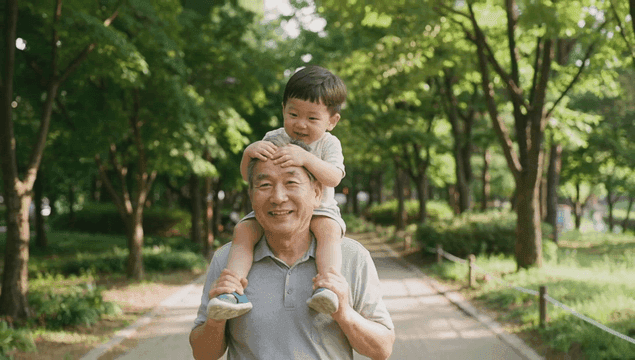 Grandfather carrying his grandson on his shoulders in park