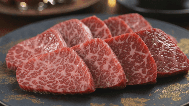 Slices of marbled beef on a decorative plate