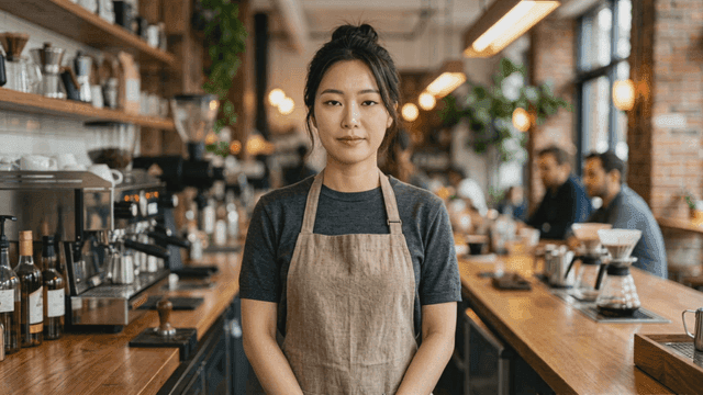 Smiling barista in cozy cafe