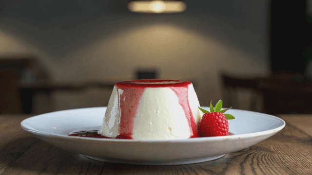 Raspberry sauce panna cotta pudding on plate