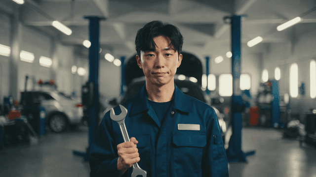 Mechanic holding a wrench in a garage