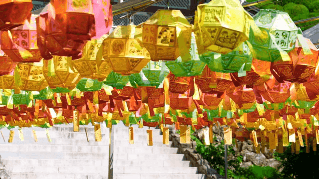 Colorful lanterns hanging in a temple