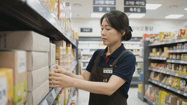 Store clerk organizing supermarket shelves