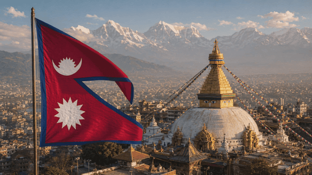 Nepalese flag and stupa with mountains