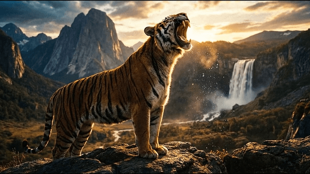 Tiger roaring in a scenic landscape