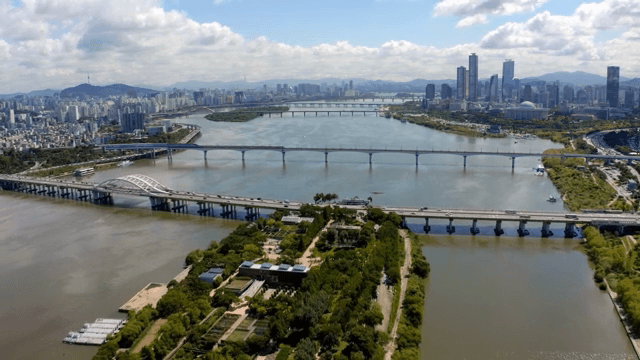 River flowing through a modern city