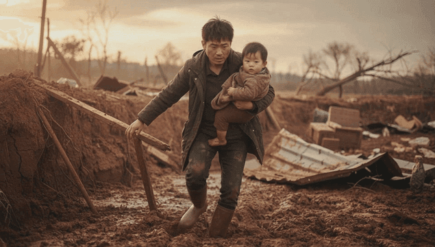 잔해들 사이 진흙길을 아이를 안고 걷는 남자
