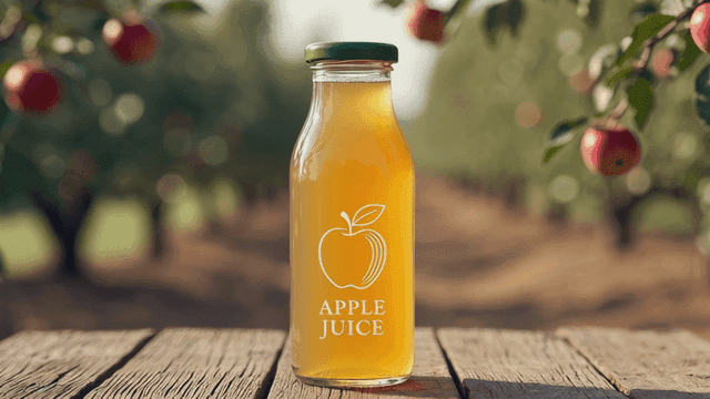 Apple juice bottle on orchard tree table