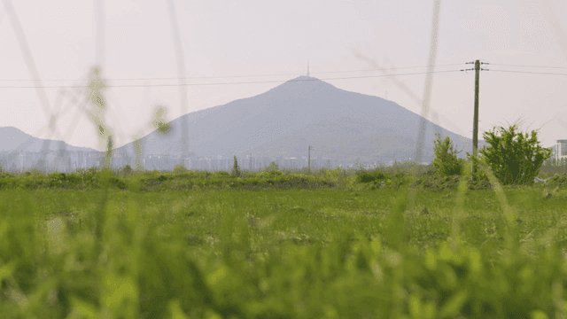 Scenery of mountains and fields in distance
