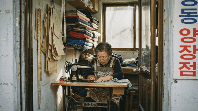 Elderly woman sewing at small dressmaking shop