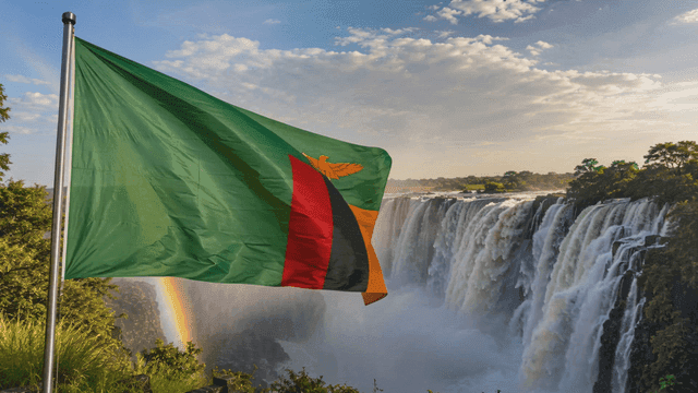 Majestic waterfall with flag of Republic of Zambia fluttering