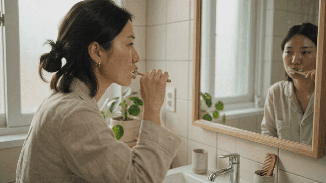 Woman brushing her teeth in bathroom.