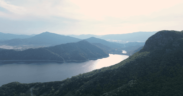 Scenery of blue mountains and lakes