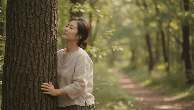 숲속에서 나무에 기대 앉아 자연을 즐기는 여성