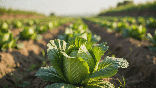 Field of cabbages growing in rows