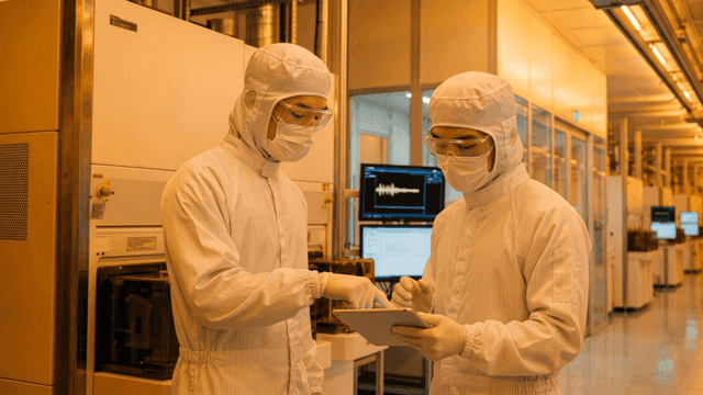 Technicians discussing while looking at tablets in cleanroom