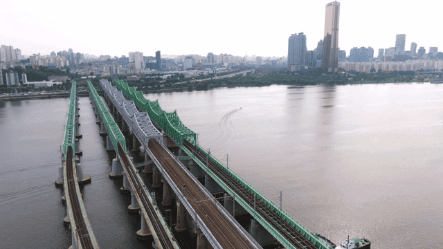 Bridges over river and city scenery