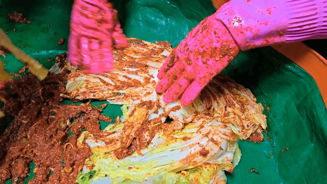 Kimchi being prepared with spicy seasoning