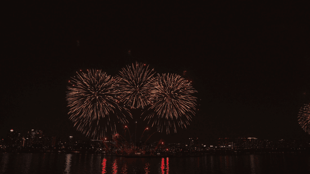 Fireworks over a city skyline at night