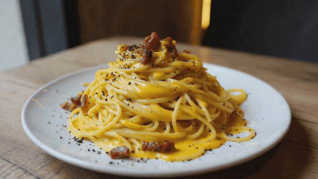 Plate of creamy carbonara pasta