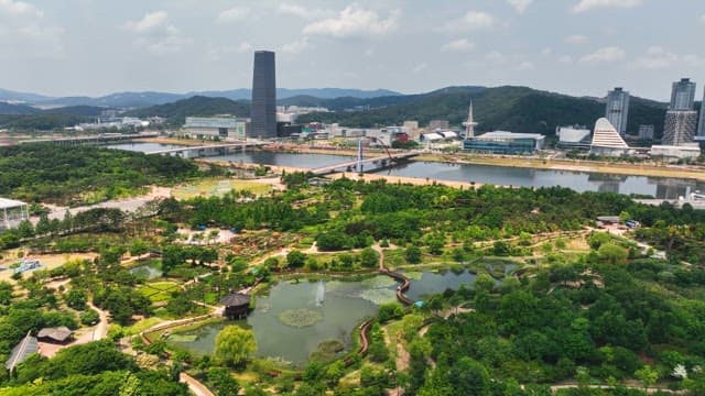 Green park with cityscape background