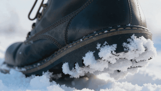 Heels of boots gently stepping on snow