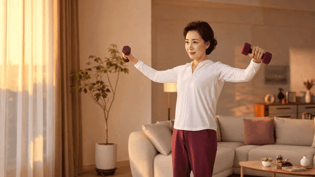 Middle-aged woman exercising with dumbbells indoors