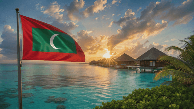 Sunset scenery with Maldives flag by sea