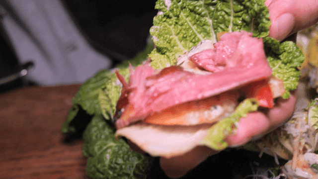 Cabbage topped with shrimp and turkey