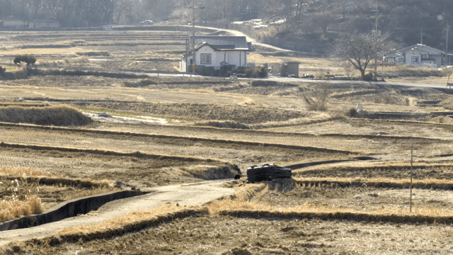 들판과 집이 있는 시골 풍경