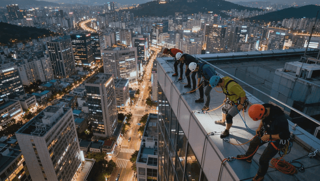 Workers wearing safety gear with city nightscape background