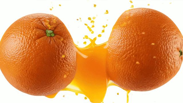 두 개의 오렌지가 부딪혀 주스가 튀는 장면