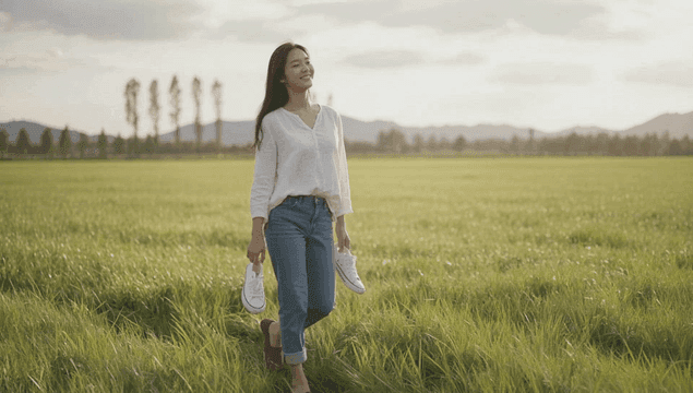 초록 들판을 편한 신발로 갈아 신고 걷는 행복한 젊은 여성