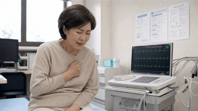 Elderly woman holding her chest in hospital room
