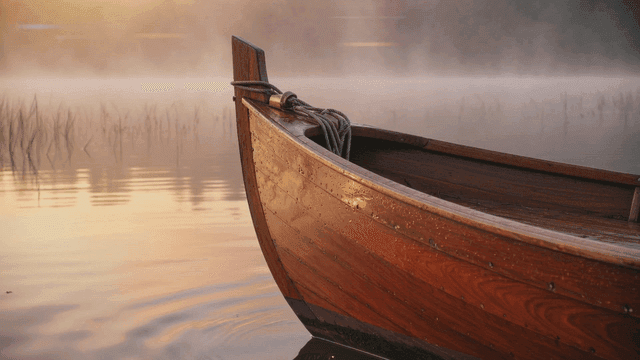 Wooden ferry on foggy river