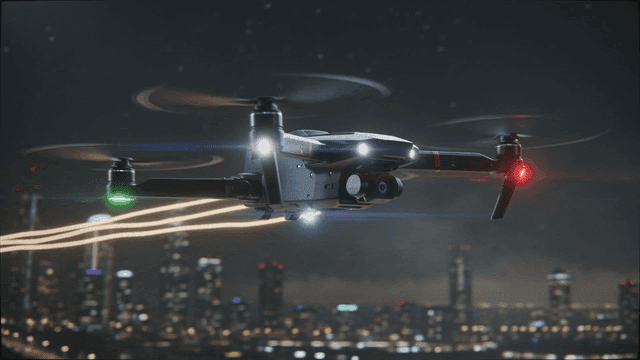 Drones flying over city at night