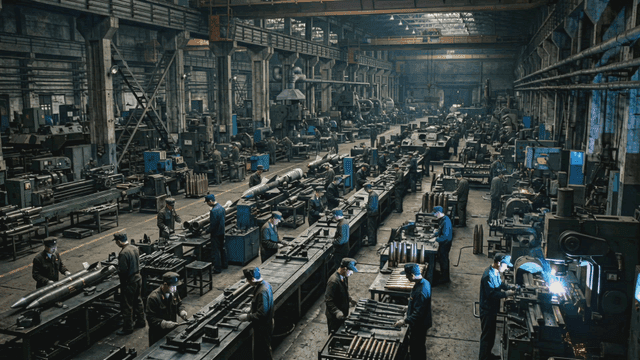 North Korean workers working in large industrial factories