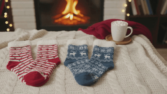 벽난로 옆 아늑한 양말과 핫초코