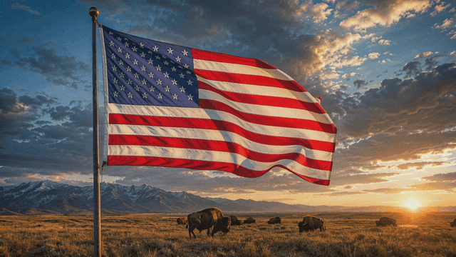 American flag waving in a scenic landscape