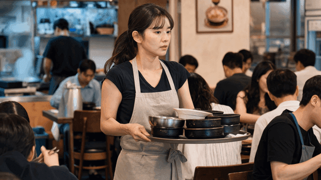 종업원이 뚝배기를 정리하는 바쁜 식당