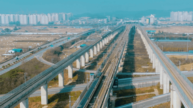 High-speed train on elevated tracks
