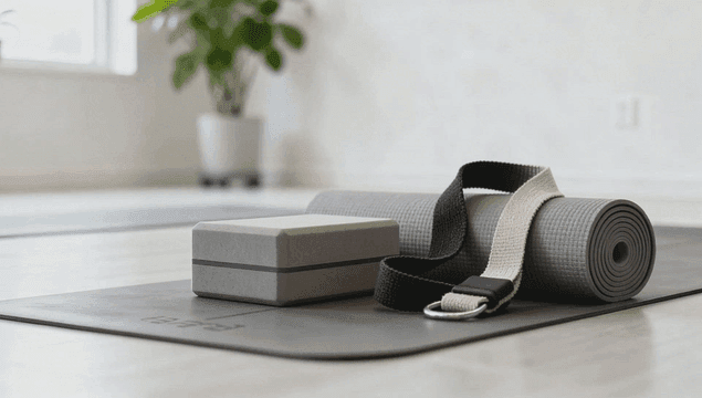 밝은 방의 요가 매트와 액세서리