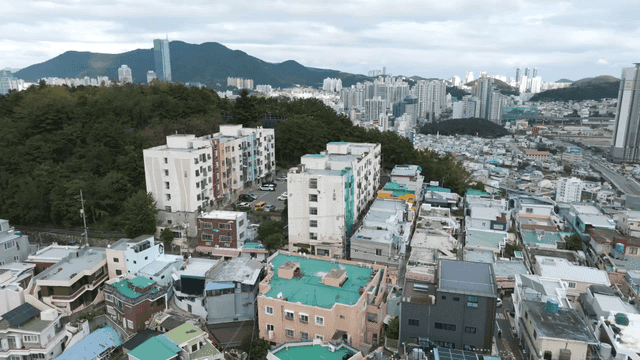 Aerial view of a city with colorful buildings