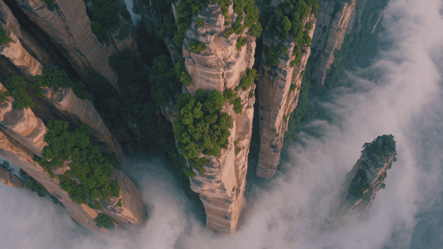 Tall rock formations surrounded by mist