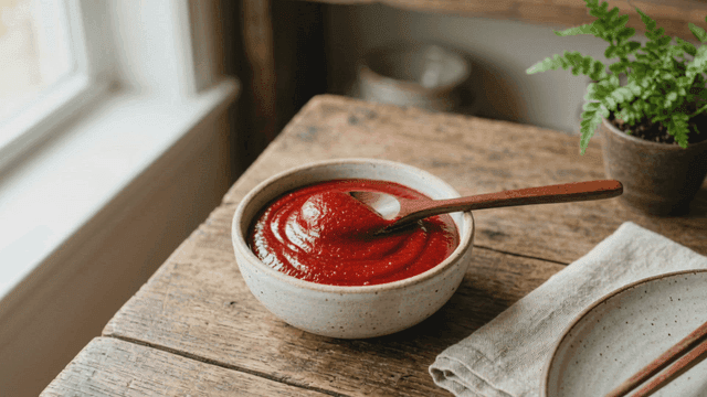Bowl of gochujang on wooden table