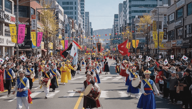 도시 거리에서의 전통 한국 퍼레이드 행진