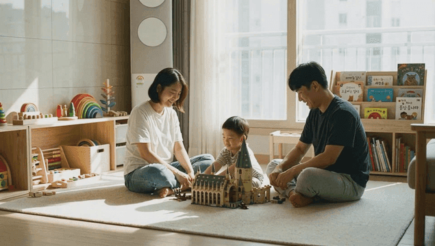 Family playing with blocks in a sunny room