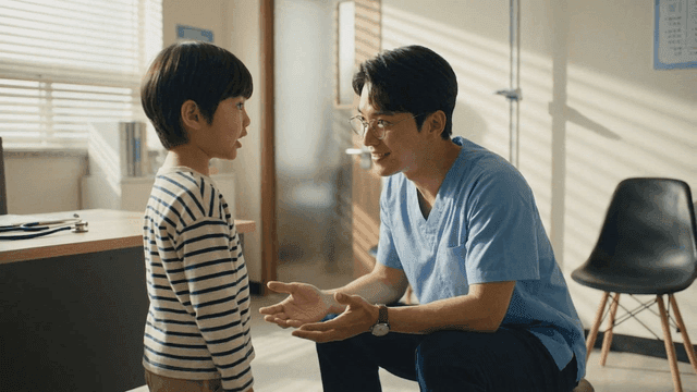 Doctor talking to a child in a clinic