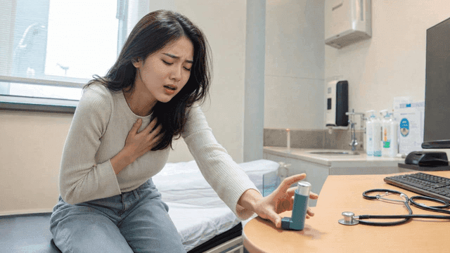 Woman trying to grab suction device at hospital
